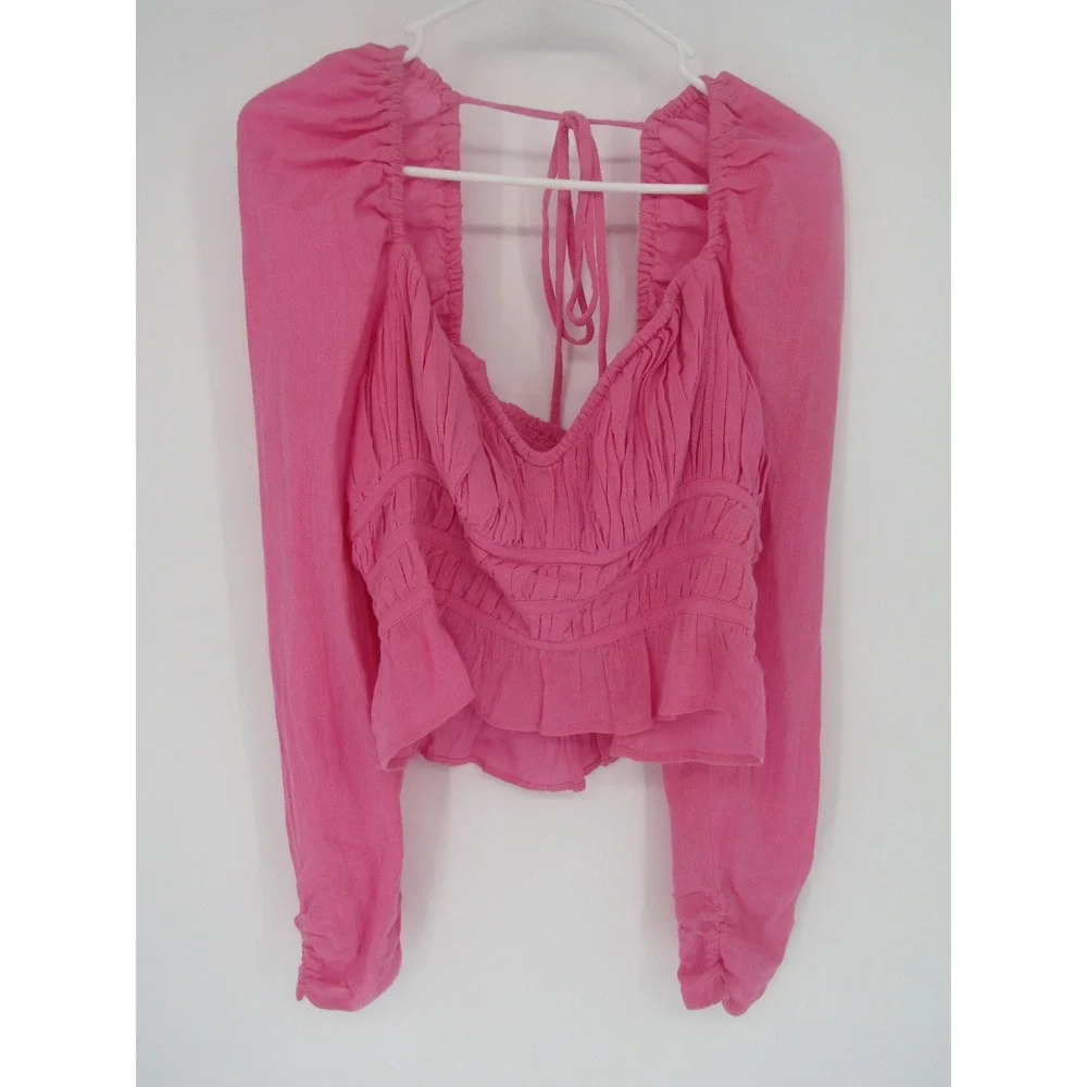 Free People Peplum Top Womens Small Pink Smocked Puff Sleeve Tie Back Boho